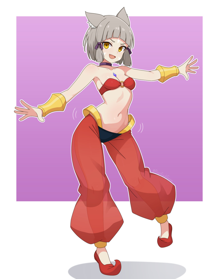 1girl :d absurdres animal_ear_fluff animal_ears bare_shoulders border breasts brown_eyes collar collarbone commentary cosplay english_commentary fang full_body grey_hair guilegaze halloween harem_pants highres looking_at_viewer nia_(xenoblade) o-ring open_mouth pants pointy_shoes purple_background purple_collar red_pants red_shoes see-through_clothes see-through_pants shadow shantae shantae_(cosplay) shantae_(series) shoes short_hair small_breasts smile solo standing standing_on_one_leg white_border xenoblade_chronicles_(series) xenoblade_chronicles_2