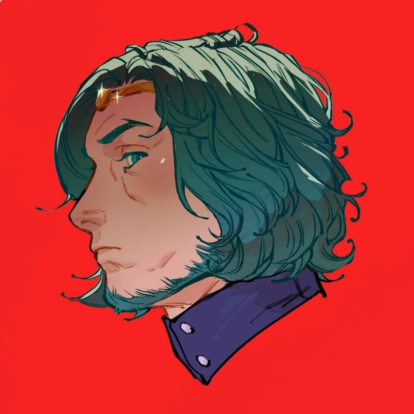1boy beard closed_mouth cloudsofcotton collared_shirt commentary cropped_head english_commentary facial_hair fire_emblem fire_emblem:_three_houses forked_eyebrows green_eyes green_facial_hair green_hair male_focus nintendo profile red_background seteth_(fire_emblem) shirt simple_background solo sparkle tiara wavy_hair