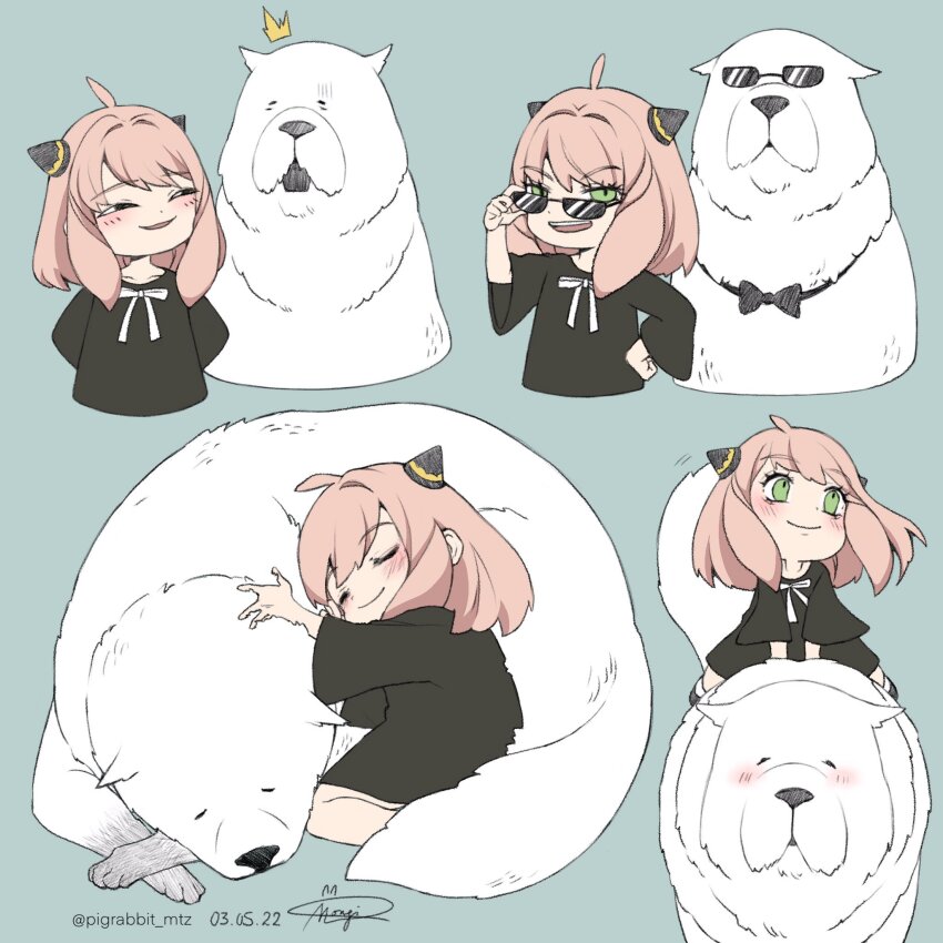 1girl adjusting_eyewear ahoge anya_(spy_x_family) arms_behind_back black_bow black_bowtie black_dress black_shoes blush bond_(spy_x_family) bow bowtie child closed_eyes closed_mouth cropped_torso cuddling dated dog dress full_body green_eyes grey_background hairpods half-closed_eyes hand_on_own_hip highres medium_hair multiple_views open_mouth parted_lips pigrabbit_mtz pink_hair riding riding_animal shoes signature smile socks spy_x_family sunglasses troll_face twitter_username upper_body white_bow white_socks