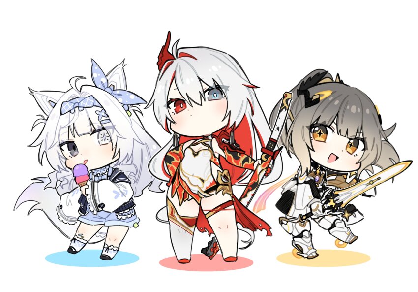 3girls ahoge alpha_(pgr) animal_ears black_jacket blue_shorts brown_eyes china_dress chinese_clothes colored_inner_hair cross-shaped_pupils dress frilled_sleeves frills gradient_hair grey_eyes grey_hair hair_between_eyes hair_ornament heterochromia highres holding holding_sword holding_weapon jacket katana long_hair long_sleeves lucia:_crimson_weave_(vow_of_dragon)_(pgr) mechanical_ears mechanical_legs mismatched_pupils multicolored_eyes multicolored_hair multiple_girls myam_(123ab456c) nanami:_startrail_(pgr) nanami_(pgr) no._21:_feral_scent_(pgr) no._21_(pgr) official_alternate_costume orange_eyes ponytail punishing:_gray_raven red_eyes red_hair shirt shorts sidelocks single_thighhigh streaked_hair sword symbol-shaped_pupils tail thighhighs two-tone_eyes weapon white_background white_hair white_shirt white_thighhighs wing_hair_ornament wolf_ears wolf_tail x_hair_ornament