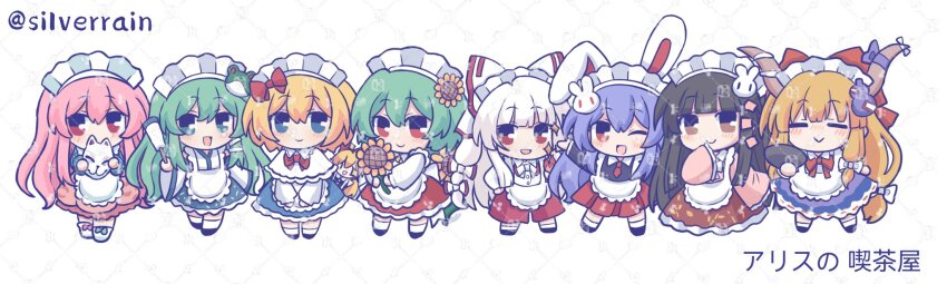 6+girls adapted_costume alice_margatroid alternate_costume animal_ears apron blonde_hair blue_eyes blue_skirt bow bowtie brown_hair brown_horns capelet chibi chibi_only closed_eyes closed_mouth commentary enmaided facing_viewer flower fox_mask frilled_skirt frills frog_hair_ornament fujiwara_no_mokou gohei gourd_hair_ornament green_eyes green_hair grey_hair hair_bow hair_ornament hashtag-only_commentary hata_no_kokoro highres holding holding_flower holding_gohei holding_mask horns houraisan_kaguya ibuki_suika kazami_yuuka kochiya_sanae long_hair long_sleeves looking_at_viewer maid maid_headdress mask multiple_girls multiple_hair_bows necktie one_eye_closed oni pants pink_hair pink_shirt purple_hair purple_skirt rabbit_ears rabbit_girl rabbit_hair_ornament red_bow red_bowtie red_eyes red_necktie red_pants red_skirt reisen_udongein_inaba shanghai_doll shirt silverrain skirt smile snake_hair_ornament sunflower touhou twitter_username very_long_hair waist_apron watermark watermark_grid white_apron white_bow white_capelet wide_sleeves yellow_flower