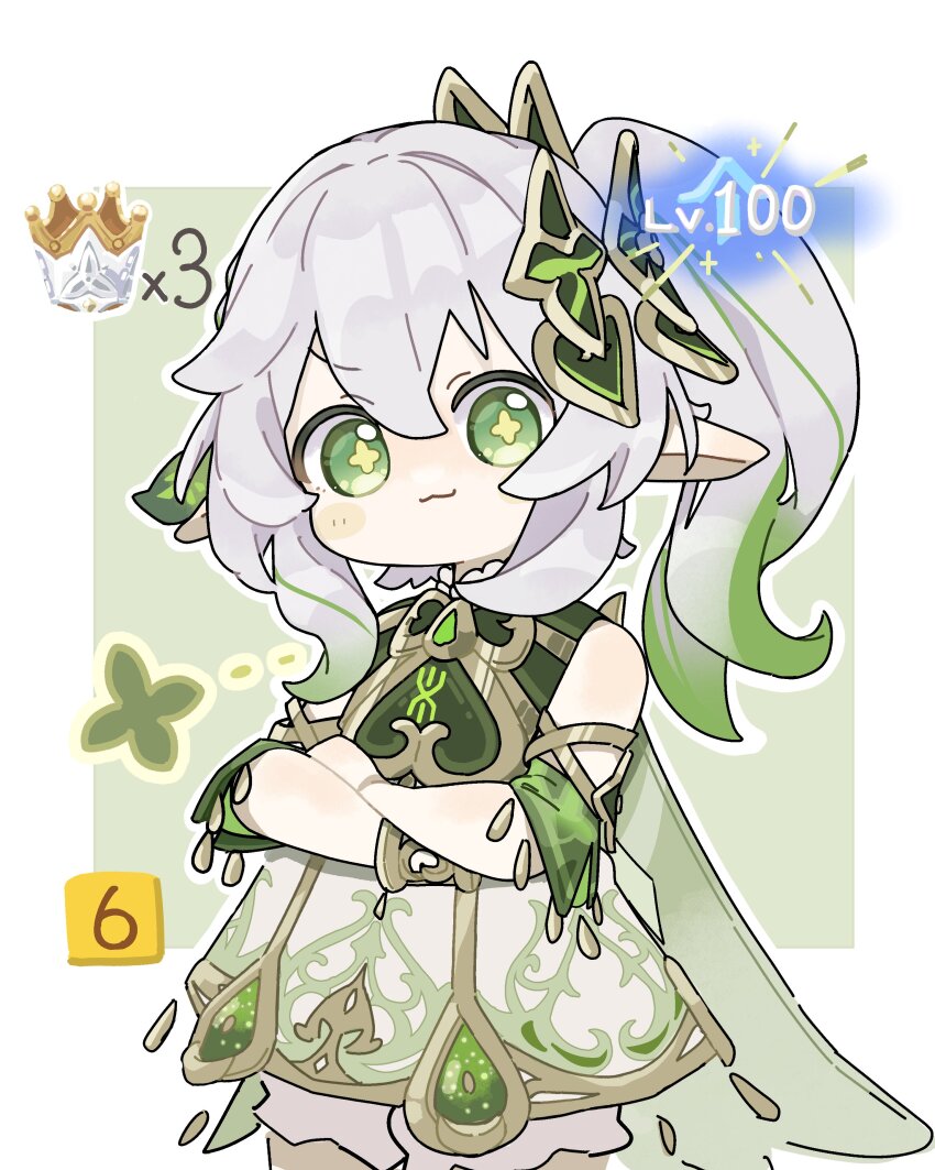 1girl absurdres bare_shoulders bloomers bracelet closed_mouth commentary_request cowboy_shot cross-shaped_pupils crossed_arms crown_of_insight detached_sleeves dress genshin_impact gold_trim green_eyes green_hair green_sleeves hair_between_eyes hair_ornament highres jewelry leaf_hair_ornament long_hair looking_at_viewer multicolored_hair nahida_(genshin_impact) pointy_ears side_ponytail sleeveless sleeveless_dress solo symbol-shaped_pupils ta93ura underwear white_bloomers white_dress white_hair