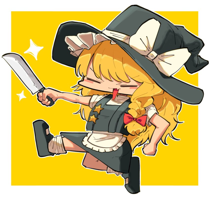 1girl apron black_hat black_shoes black_skirt black_vest blonde_hair blush bow braid closed_eyes cookie_(touhou) full_body hair_bow hat hat_bow highres holding holding_knife kirisame_marisa kitchen_knife knife long_hair mary_janes odoro_(nicoseiga81184094) open_mouth red_bow running shirt shoes side_braid single_braid skirt skirt_set smile socks solo star_(symbol) suzu_(cookie) touhou two-tone_background v-shaped_eyebrows vest waist_apron white_apron white_bow white_shirt white_socks witch_hat yellow_background