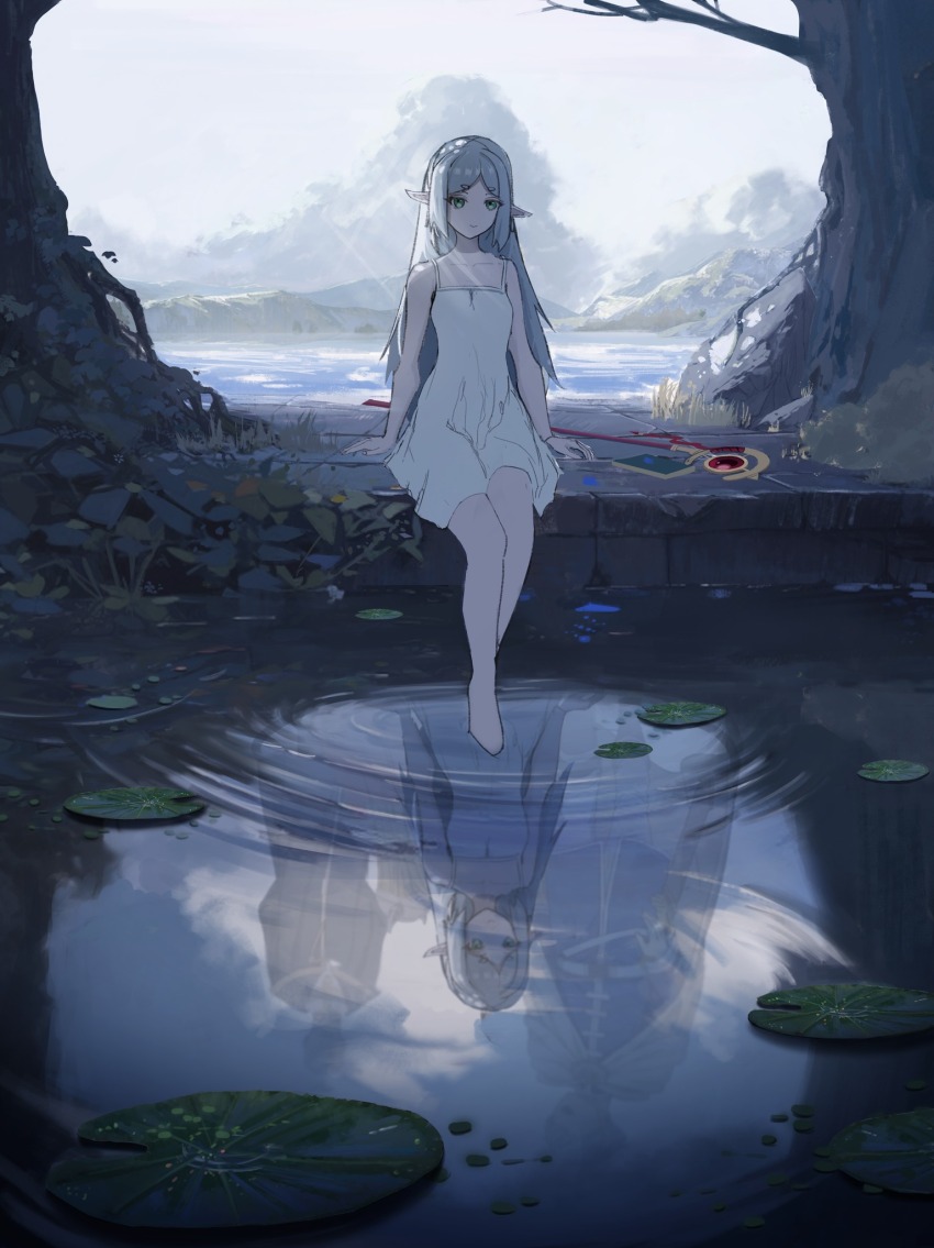 1girl 3boys arms_at_sides barefoot book closed_mouth cloud collarbone commentary_request day different_reflection dress eisen_(sousou_no_frieren) elf expressionless frieren ghost green_eyes grey_hair hair_down heiter highres hill himmel_(sousou_no_frieren) light_rays lily_pad long_hair mage_staff multiple_boys nature no_nose ocean outdoors plant pointy_ears pond pupu_(pupu12123) reflection reflective_water ripples scenery short_dress sitting sky sleeveless sleeveless_dress solo_focus sousou_no_frieren sunbeam sunlight tree very_long_hair water waves white_dress white_sky wide_shot