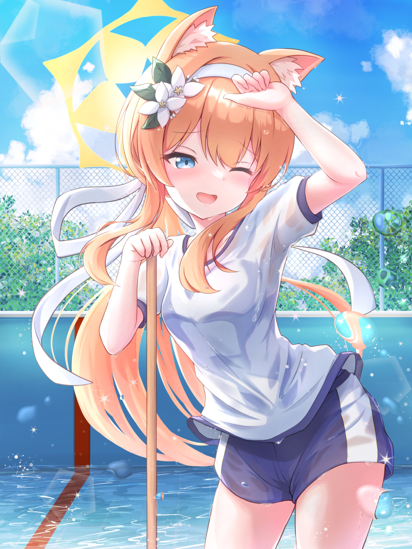 1girl absurdres animal_ear_fluff animal_ears arm_up bare_arms blue_archive blue_eyes blue_shorts blush breasts cowboy_shot flower fox_ears fox_girl gym_shirt gym_shorts gym_uniform hair_flower hair_ornament hair_ribbon hairband halo hand_up highres karupa_(karupapon) long_hair mari_(blue_archive) mari_(track)_(blue_archive) official_alternate_costume one_eye_closed open_mouth orange_hair outdoors pool puffy_short_sleeves puffy_sleeves ribbon shirt short_sleeves shorts small_breasts solo white_flower white_hairband white_ribbon white_shirt yellow_halo