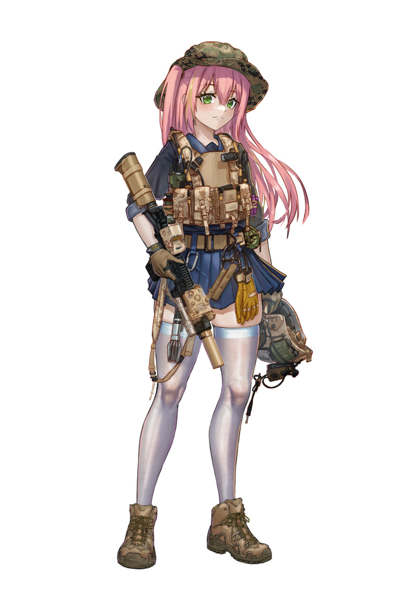 1girl absurdres ammunition_pouch assault_rifle bulletproof_vest gloves green_eyes gun hat helmet highres huihuang_rongyao long_hair m4_carbine military miniskirt original pink_hair pleated_skirt pouch rifle skirt standing tachi-e tactical_clothes thighhighs weapon white_thighhighs zettai_ryouiki