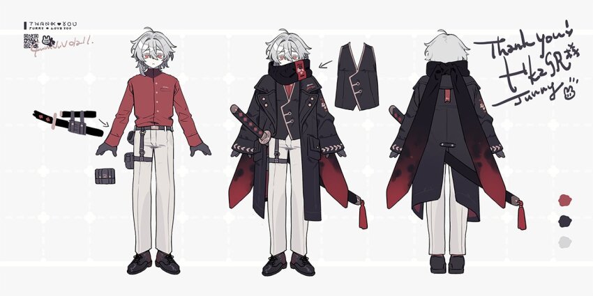 1boy ahoge arin_(fanfan013) arrow_(symbol) asymmetrical_hair belt belt_bag belt_buckle black_bag black_belt black_coat black_footwear black_gloves black_scarf black_vest buckle buttons reference_sheet closed_mouth coat collared_coat collared_shirt color_guide colored_eyelashes commentary_request commission covered_mouth from_behind gloves gradient_scarf grey_background hair_between_eyes handkerchief high_collar katana lapels light_frown long_sleeves male_focus medium_hair multiple_views notched_lapels open_clothes open_coat orange_eyes original pants pocket qr_code red_scarf red_shirt ribbed_legwear scarf second-party_source sheath sheathed shirt shoes simple_background single_sidelock skeb_commission sleeves_past_wrists straight-on sword tassel thank_you thigh_belt thigh_strap vest weapon white_hair white_pants wide_sleeves