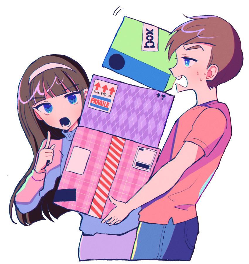 1boy 1girl aged_up black_hair blue_eyes box brown_hair buck_teeth chocovan1 commentary denim english_commentary fragile_symbol headband highres holding holding_box jeans long_hair long_sleeves lower_teeth_only open_mouth pants purple_skirt purple_sweater red_shirt shirt simple_background skirt sweat sweater teeth the_fairly_oddparents timmy_turner trixie_tang white_background white_headband