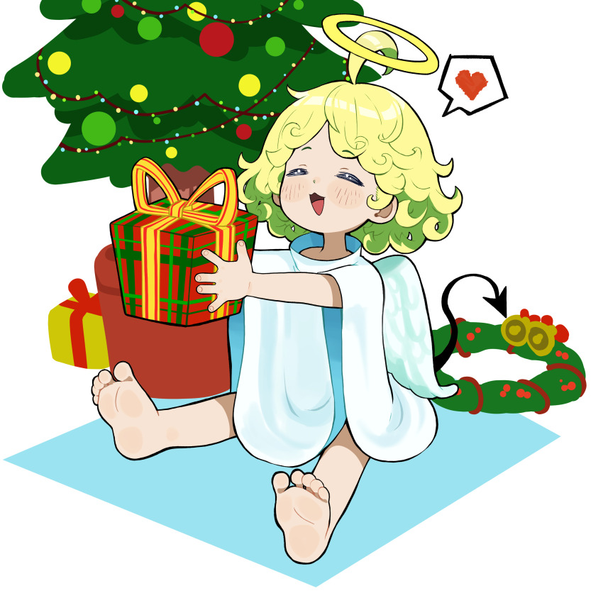 1girl =_= absurdres ahoge angel angel_wings barefoot blonde_hair blush_stickers box christmas christmas_tree closed_eyes commentary curly_hair demon_tail english_commentary gift gift_box gnsisir halo heart highres holding holding_box holding_gift mixed-language_commentary open_mouth original robe short_hair sitting smile soles solo spoken_heart tail white_robe wings yellow_halo