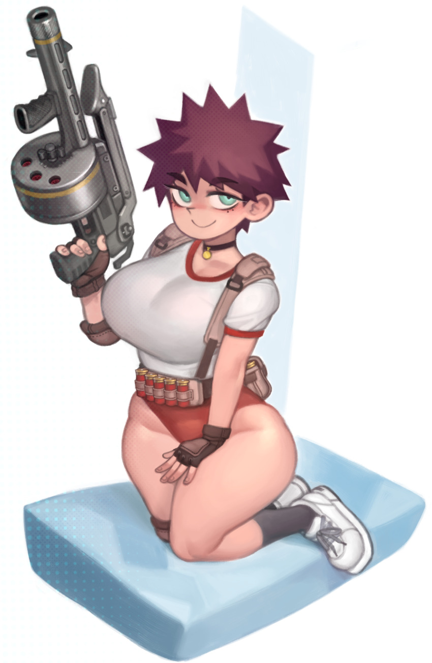 12-gauge 1girl absurdres ammunition armsel_striker black_socks blue_eyes blush breasts bursting_breasts collar green_eyes gun gym_mattress highres kelvin_hiu large_breasts looking_at_viewer multicolored_eyes original red_hair revolver_shotgun riot_shotgun semi-automatic_shotgun shirt shoes short_hair shorts shotgun shotgun_shell sneakers socks tomboy two-tone_eyes weapon white_shirt