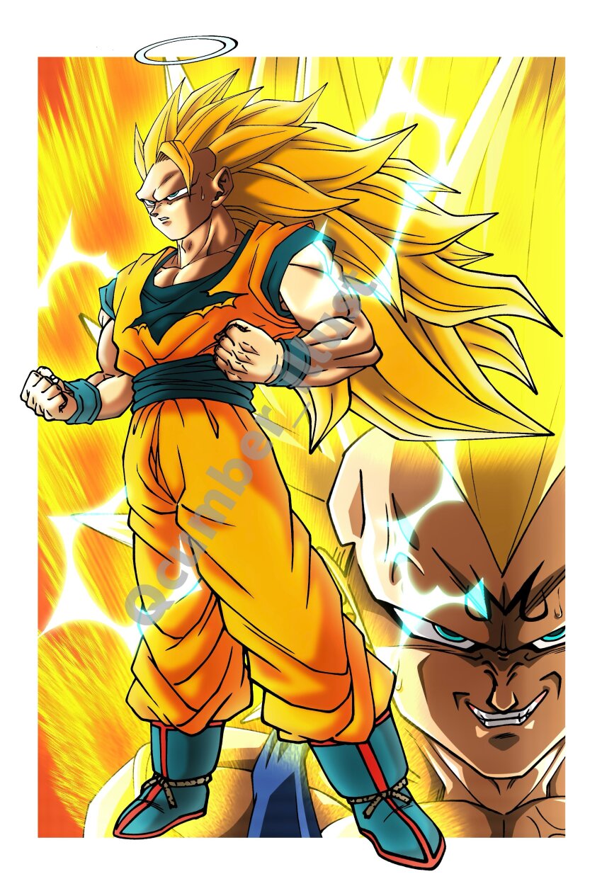2boys absurdres aura blonde_hair blue_boots blue_shirt boots donut_hair_bun dragon_ball dragonball_z electricity hair_bun highres long_hair looking_at_viewer majin_vegeta male_focus multiple_boys muscular no_eyebrows orange_pants orange_shirt pants qcumber_illust shirt solo_focus son_goku spiked_hair upper_body vegeta