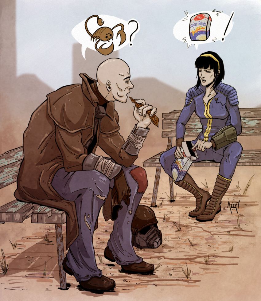 ! 1boy 1girl ? bald bench black_hair blue_bodysuit bodysuit boots crualex_de_vil denim duster eating fallout fallout_1 gas_mask gloves hairband helmet highres jeans mask pants patchwork_clothes pip_boy scorpion short_hair signature sugar_bombs tycho_(fallout) vambraces vault_dweller wasteland wrist_computer