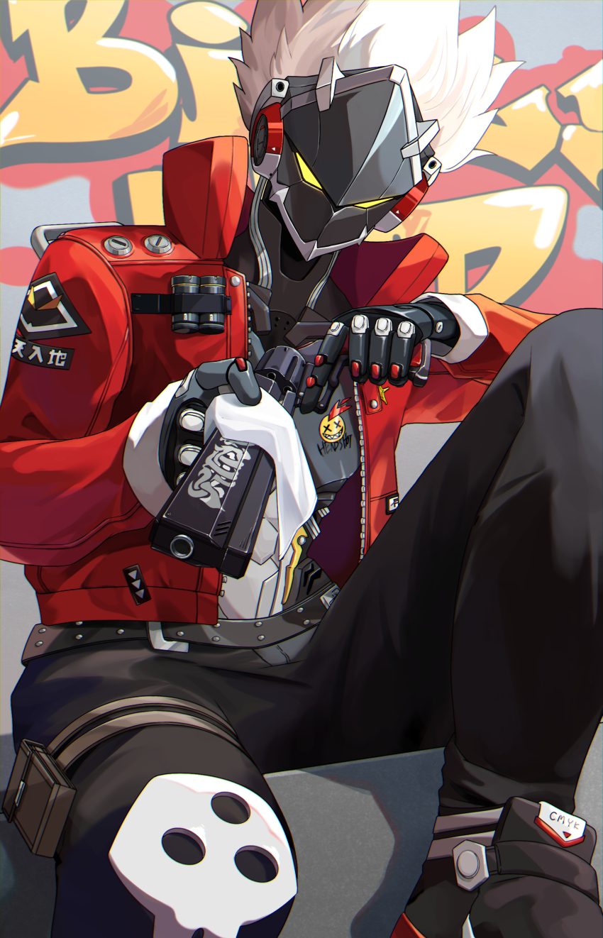 1boy absurdres belt belt_buckle billy_kid black_belt black_pants black_shoes buckle character_name cleaning cleaning_gun cleaning_rag cleaning_weapon commentary_request cropped_jacket glowing glowing_eyes graffiti gun handgun highres holding holding_gun holding_weapon jacket knee_pads knee_up kumaihaku long_sleeves male_focus open_clothes open_jacket pants pouch red_jacket revolver shoes short_hair single_knee_pad sitting solo spiked_hair studded_belt thigh_pouch thigh_strap weapon white_hair yellow_eyes zenless_zone_zero zipper
