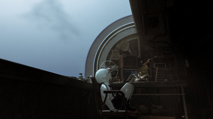 1boy 3d_background absurdres black_boots black_necktie black_shorts boots box cardboard_box chair closed_eyes collared_shirt desk electric_fan film_grain highres indoors lamp m._(emudotto) machine necktie original paper pill_bottle shirt shorts sitting sky solo white_hair white_shirt window