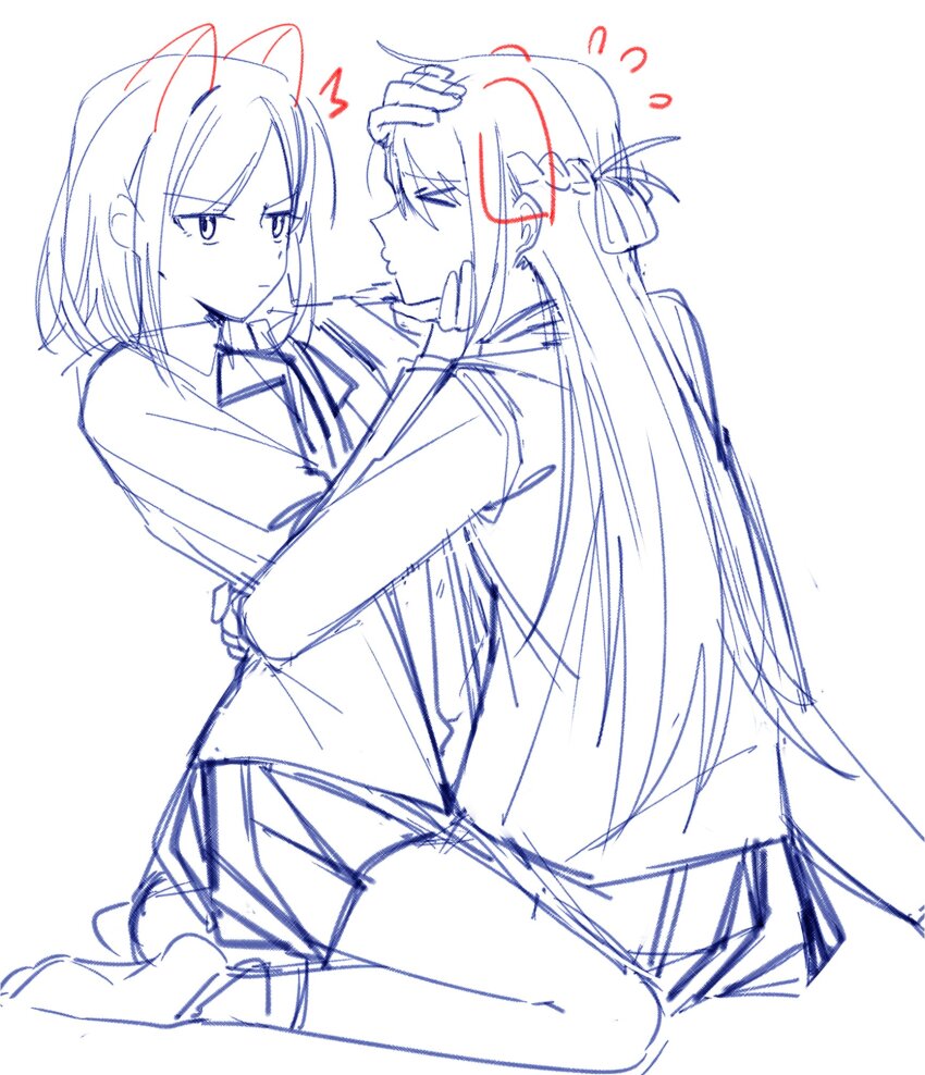&gt;_&lt; 2girls braid chinese_commentary commentary_request drawn_ears haidao_mao half_up_braid highres hug long_hair medium_hair miyagi_shiori multiple_girls no_shoes rejected_kiss school_uniform sendai_hazuki shuuniichido_classmate_wo_kau_hanashi simple_background socks unfinished white_background yuri