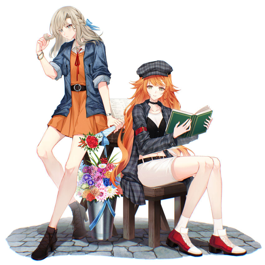 2girls :&lt; alternate_costume ankle_boots ankle_socks belt black_belt black_choker black_footwear black_shirt blue_bow blue_eyes blue_flower blue_jacket book boots bow bow_choker bracelet bucket cabbie_hat choker coat collared_shirt dress faux_figurine flower full_body furrowed_brow green_eyes grey_coat grey_hair grey_hat grin hair_bow hand_up hat high_heels highres holding holding_book jacket jewelry long_hair looking_at_viewer matilda_bouanich medium_hair midriff miniskirt multiple_girls navel neck_ribbon on_chair open_book orange_dress orange_hair pink_flower plaid_clothes plaid_coat plaid_hat red_flower red_footwear red_ribbon reverse:1999 ribbon round_table shirt short_dress sieka_(piiroinardesco) sitting skirt sleeves_pushed_up smile socks sonetto_(reverse:1999) standing stone_floor table twirling_hair very_long_hair white_background white_shirt white_skirt white_socks