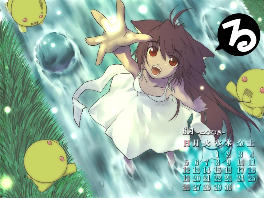 00s 1girl 2005 animal_ears antenna_hair artist_request barefoot breasts brown_hair calendar cat_ears cat_girl character_request collarbone dress female_focus from_above grass june long_hair looking_at_viewer open_mouth reaching reaching_towards_viewer red_eyes river rock runrun_soft sleeveless sleeveless_dress small_breasts smile solo teeth water white_dress
