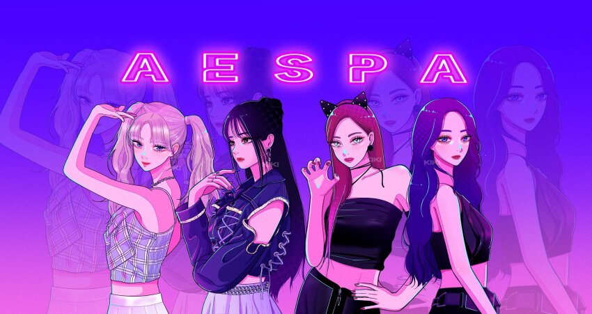 4girls aespa animal_ears bandeau black_bandeau black_hair blonde_hair commentary_request cowboy_shot eyeshadow fake_animal_ears giselle_(aespa) gradient_background group_name hair_bun half_updo hand_on_own_hip highres k-pop karina_(aespa) long_hair makeup mascara mole multiple_girls ningning_(aespa) pink_background purple_background real_life red_hair red_lips sail_ofhope sidelocks winter_(aespa)