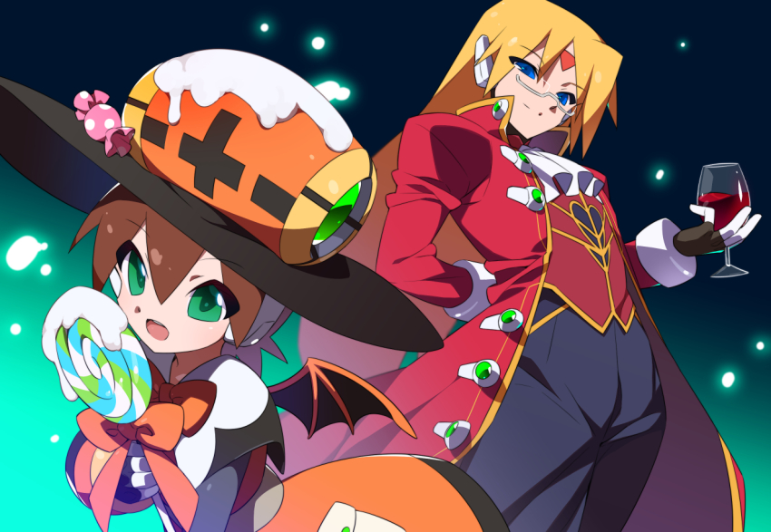 aile_(mega_man_zx) alternate_costume blonde_hair brown_hair coat commission cup dress drinking_glass facial_mark forehead_mark girouette_(mega_man) glasses gradient_background green_background green_eyes halloween_costume hat holding holding_cup kaidou_zx long_hair mega_man_(series) mega_man_zx official_alternate_costume orange_dress orange_hat red_coat robot_ears semi-rimless_eyewear short_hair skeb_commission under-rim_eyewear wine_glass