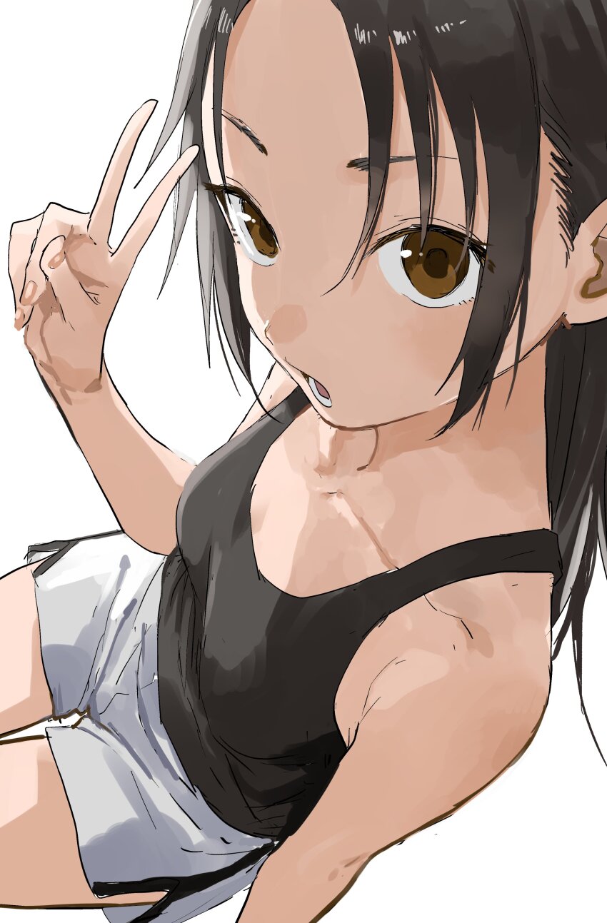 1girl absurdres bare_arms bare_shoulders black_hair black_tank_top breasts brown_eyes collarbone commentary_request dolphin_shorts hand_up highres long_hair looking_at_viewer manemane_nichinichi nagisa_akane open_mouth short_shorts shorts simple_background sitting small_breasts solo tank_top v white_background white_shorts yamamoto_souichirou