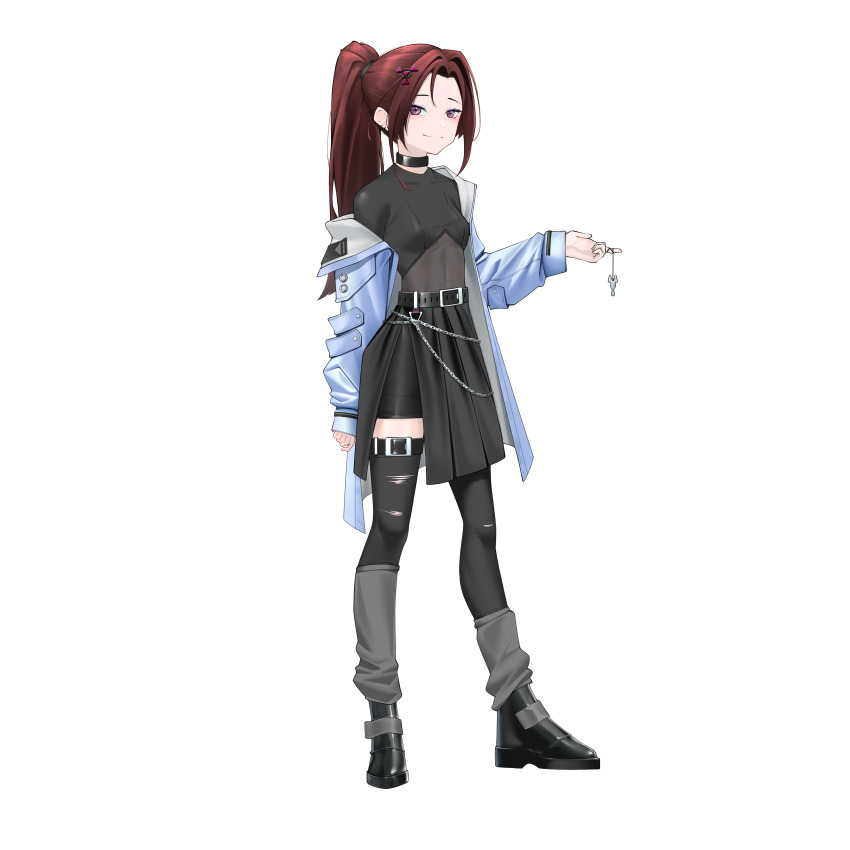 1girl abs absurdres alternate_hairstyle belt boots breasts brown_hair chain choker commission commissioner_upload digital_hazard dusk_(wayanfa) earrings hair_ornament highres jacket jewelry leg_warmers light_blue_jacket long_hair non-web_source original pendant pink_eyes ponytail rhan shirt small_breasts smug thigh_belt thigh_strap thighhighs thighs tight_clothes tight_shirt transparent_background