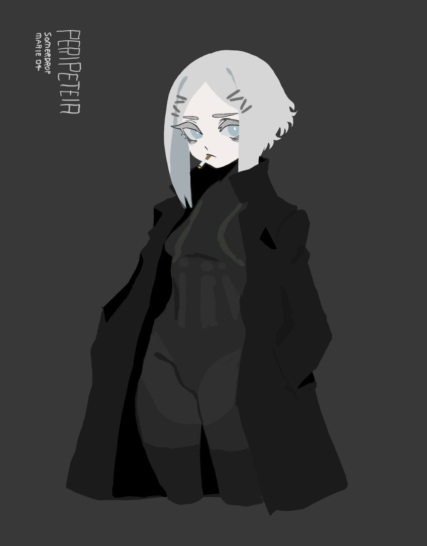 1girl absurdres aqua_eyes aqua_sclera artist_name bags_under_eyes black_bodysuit black_coat bodysuit bodysuit_under_clothes bright_pupils character_name cigarette coat colored_sclera commentary copyright_name cropped_legs dark_background english_commentary english_text flat_color grey_background grey_hair hair_ornament hairclip hands_in_pockets highres looking_at_viewer marie_(peripeteia) no_lineart open_clothes open_coat peripeteia popped_collar short_hair sidelocks simple_background smoking solo somersaultdropkick standing trench_coat white_pupils