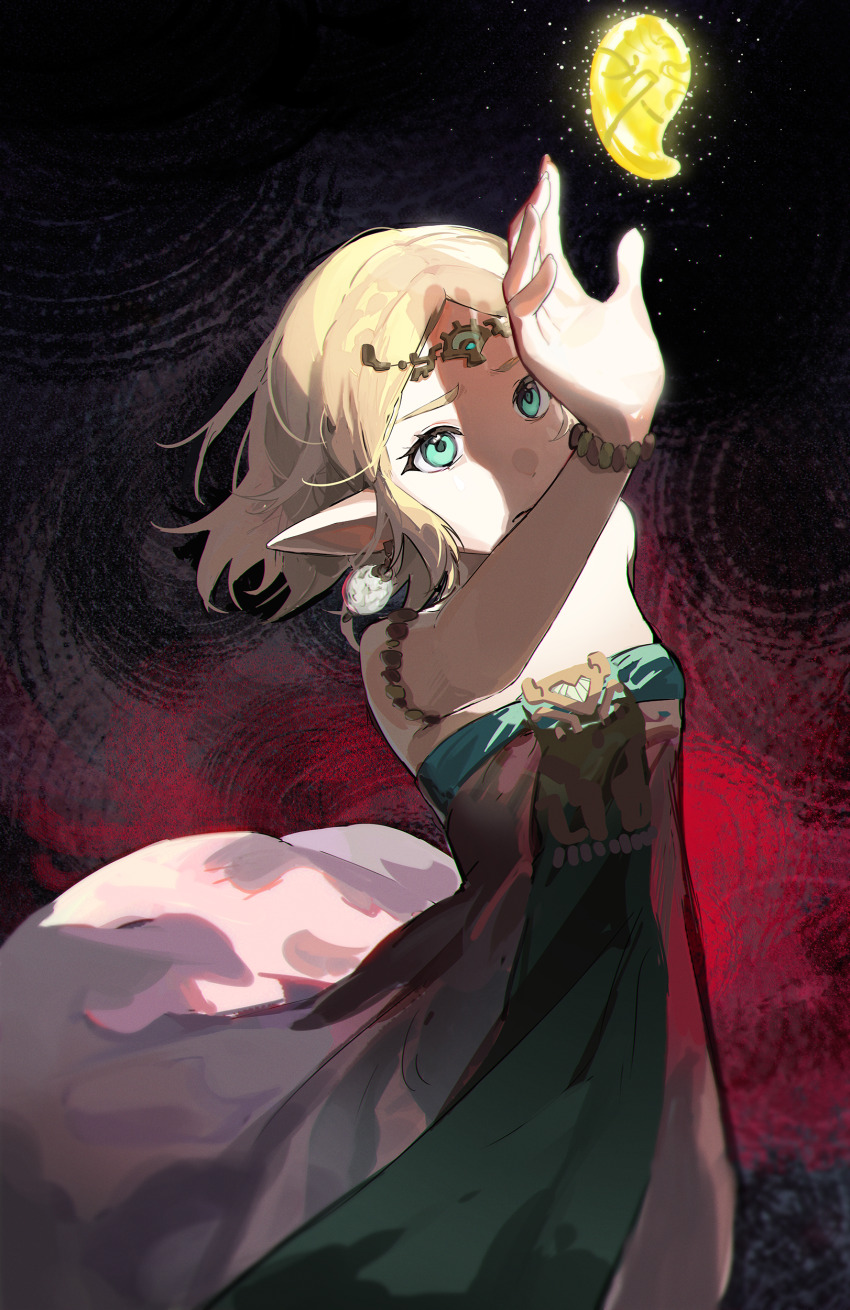 1girl absurdres aqua_eyes arm_up armlet bare_shoulders black_background blonde_hair bracelet closed_mouth dress earrings floating floating_object forehead_jewel glowing gradient_background green_dress haitang highres jewelry looking_up magatama nintendo pointy_ears princess_zelda red_background short_hair solo strapless strapless_dress the_legend_of_zelda the_legend_of_zelda:_tears_of_the_kingdom two-tone_dress white_dress