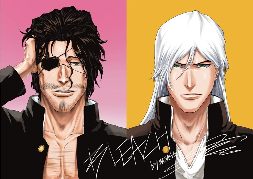 2boys absurdres artist_name beard black_jacket bleach brown_eyes brown_hair chest_hair close-up collarbone copyright_name eyepatch facial_hair green_eyes hair_between_eyes hand_in_own_hair highres jacket kyouraku_shunsui long_hair looking_at_viewer loose_hair_strand male_focus monster_art_(rlawnsgr7) multiple_boys parted_lips pectoral_cleavage pectorals pink_background school_uniform shirt smile two-tone_background ukitake_juushirou v-neck white_hair white_shirt yellow_background