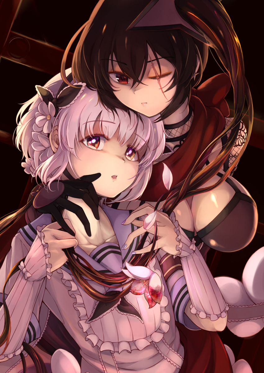 2girls black_gloves breasts brown_eyes brown_hair closed_mouth collarbone earrings flower gloves hair_between_eyes highres jewelry kyukyutto_(denryoku_hatsuden) large_breasts long_hair mahou_shoujo_ikusei_keikaku multiple_girls nail_polish neckerchief one_eye_closed parted_lips petals pink_hair purple_nails red_eyes ripple_(mahoiku) scar scar_across_eye scar_on_face shirt short_hair short_sleeves side_ponytail snow_white_(mahoiku) tears very_long_hair white_shirt