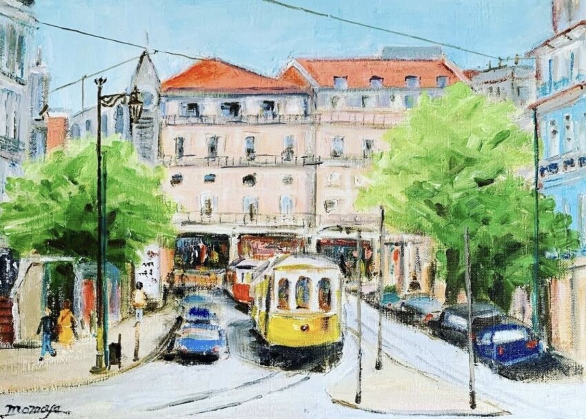 2others apartment blue_sky building day momo7rosemary multiple_others original painting_(medium) power_lines road scenery sky street streetcar town traditional_media utility_pole