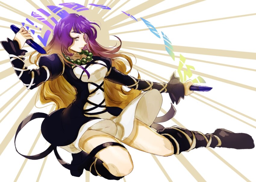 1girl arm_strap black_boots black_jacket black_straps blonde_hair boots breasts brown_background brown_dress chest_strap closed_mouth commentary_request dress frilled_sleeves frills from_side gradient_hair half-closed_eyes highres hijiri_byakuren jacket large_breasts light_smile long_hair long_sleeves looking_at_viewer looking_to_the_side mememedama10 multicolored_hair one_eye_closed purple_hair solo sorcerer&#039;s_sutra_scroll sunburst sunburst_background thigh_strap touhou white_background white_straps