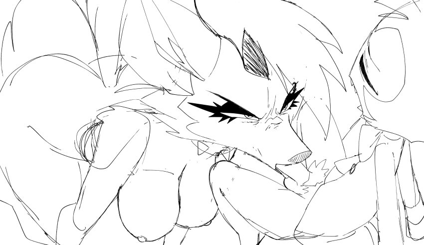 absurdres all_fours angry animal_ears breasts breasts_out clothed_male_nude_female demon demon_boy eyelashes fellatio glaring helluva_boss highres inker_comics kneeling large_breasts lineart loona_(helluva_boss) moaning moxxie_(helluva_boss) narrowed_eyes nipples nude oral penis pubic_hair simple_background sketch snout tail topless_female toplesss very_long_tail white_background wolf_ears wolf_girl wolf_tail