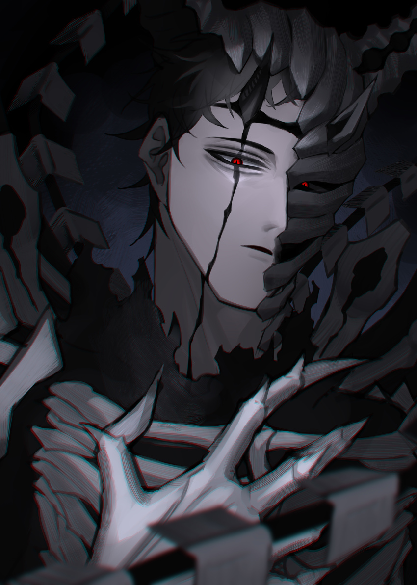 1boy absurdres armor black_clover black_hair black_shirt blurry body_markings bone claws demon_boy demon_horns depth_of_field facial_mark frit_2 half_mask highres horns looking_at_viewer male_focus mask messy_hair narrowed_eyes oni_horns possessed red_eyes shirt short_hair solo talons torn_clothes zenon_zogratis