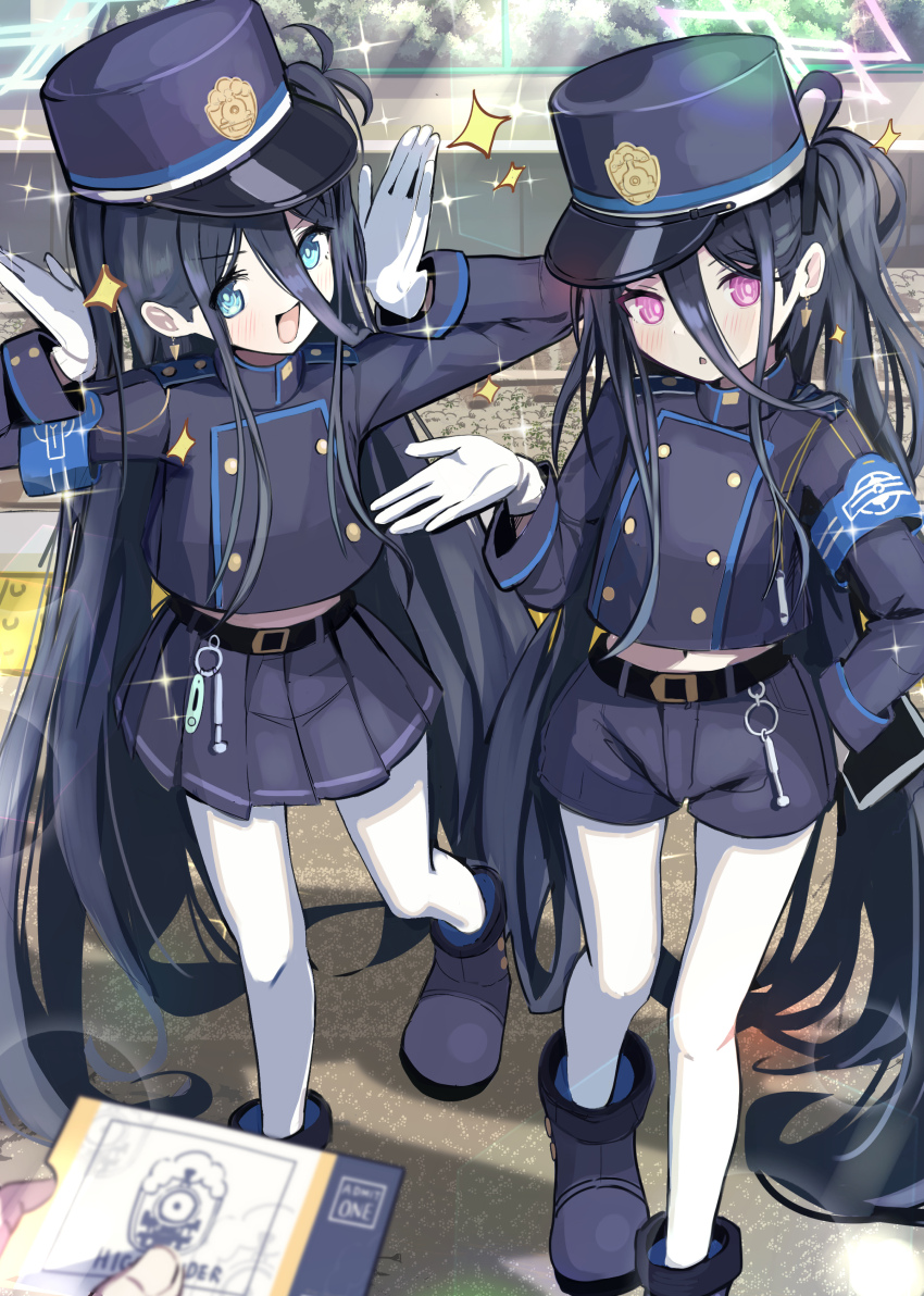 1other 2girls absurdly_long_hair absurdres aqua_halo aris_(blue_archive) armband belt black_belt black_hair blue_archive blue_armband blue_eyes blue_halo blue_hat blue_shorts buttons cosplay crime_prevention_buzzer double-breasted dual_persona gloves hair_between_eyes halo hat highres hikari_(blue_archive) hikari_(blue_archive)_(cosplay) holding holding_ticket kei_(blue_archive) long_hair long_hair_between_eyes looking_at_viewer multiple_girls nozomi_(blue_archive) nozomi_(blue_archive)_(cosplay) pantyhose peaked_cap pink_eyes pink_halo pose_imitation rabbit_pose rectangular_halo ringed_eyes shorts sparkle thomason366 ticket train_conductor very_long_hair whistle white_gloves white_pantyhose