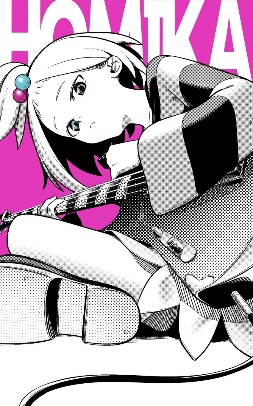 1girl aki_the_beast bass_guitar blue_eyes boots cable character_name closed_mouth commentary crossed_legs dress forehead greyscale_with_colored_background hair_bobbles hair_ornament highres holding instrument looking_at_viewer multicolored_hair_bobbles nintendo pink_background pokemon pokemon_bw2 roxie_(pokemon) short_hair simple_background solo spot_color striped_clothes striped_dress topknot white_hair