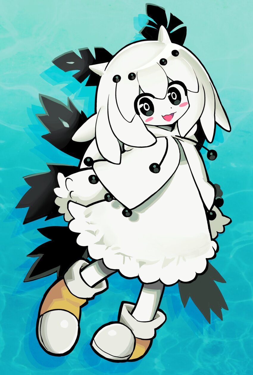 1girl black_eyes blue_background capelet commentary dress english_commentary full_body highres hood hooded_capelet kakke666 looking_at_viewer original pigeon-toed sea_bunny sea_slug_girl solo tentacle_hair white_capelet white_dress white_hair