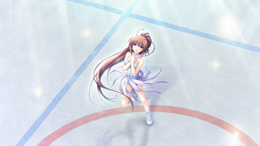 1girl :d alpha_(yukai_na_nakamatachi) azai_kanon blush brown_eyes brown_hair collarbone covered_navel floating_hair from_above full_body g-senjou_no_maou game_cg grey_leotard hair_between_eyes ice_skates ice_skating leotard long_hair open_mouth ponytail skates skating smile solo standing sunlight very_long_hair white_footwear