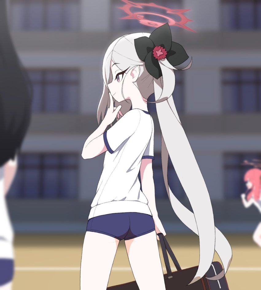 3girls aru_(blue_archive) ass bag blue_archive blue_shorts blurry blurry_background blurry_foreground closed_mouth duffel_bag grey_hair gym_uniform hair_ornament halo highres holding holding_bag index_finger_raised kutsusama legs_apart long_hair looking_afar looking_at_viewer multiple_girls mutsuki_(blue_archive) out_of_frame pointy_ears shirt short_shorts short_sleeves shorts side_ponytail sideways_mouth solo_focus standing white_shirt