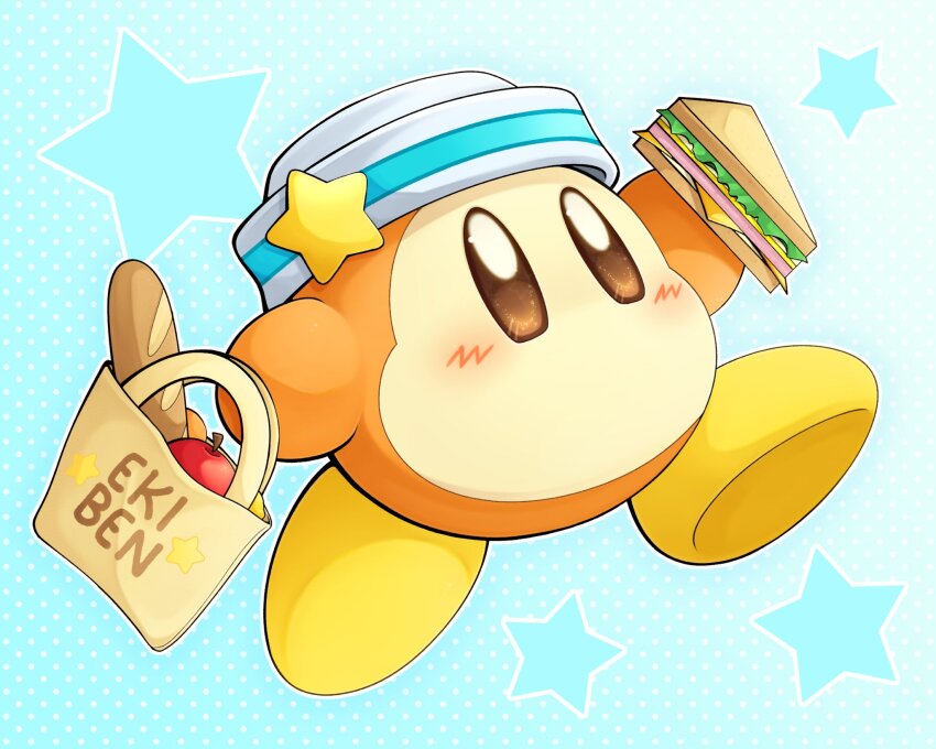 apple bag baguette blue_background bread brown_eyes food fruit gradient_background hat highres holding holding_food kirby_(series) nintendo no_humans polka_dot polka_dot_background sandwich shopping_bag slys_(jesterdysphoria) solid_oval_eyes solo star_(symbol) waddle_dee