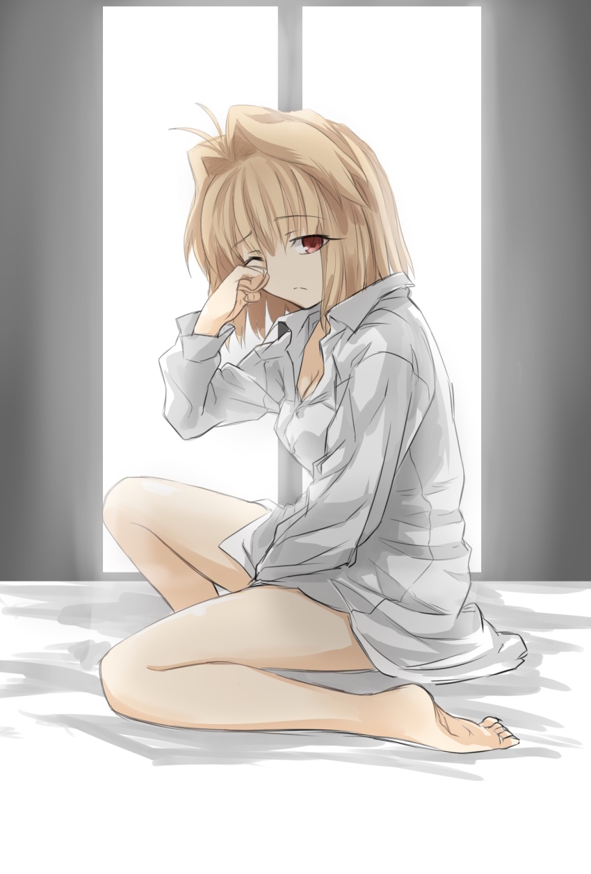 1girl ahoge arcueid_brunestud bare_legs barefoot bed blonde_hair breasts chiizu_ore cleavage collared_shirt highres indoors legs looking_at_viewer no_pants on_bed one_eye_closed red_eyes rubbing_eyes shirt short_hair sleepy tsukihime white_shirt window