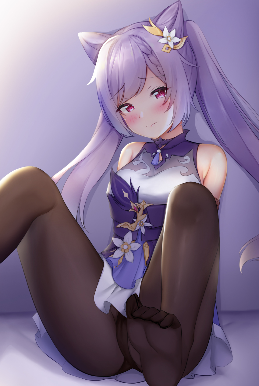 1girl 3: absurdres ass bare_shoulders benedia black_panties black_pantyhose braid cameltoe cone_hair_bun dress embarrassed feet genshin_impact hair_bun hair_ears highres keqing_(genshin_impact) knees_up long_hair looking_at_viewer no_shoes panties pantyhose purple_dress purple_hair red_eyes short_dress sitting sleeveless sleeveless_dress solo spread_legs twintails underwear