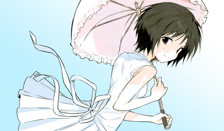 1girl bare_arms bare_shoulders black_eyes black_hair closed_mouth deezydays dress highres holding holding_umbrella looking_at_viewer nakahara_misaki nhk_ni_youkoso! parasol short_hair simple_background sleeveless sleeveless_dress solo sundress umbrella white_dress