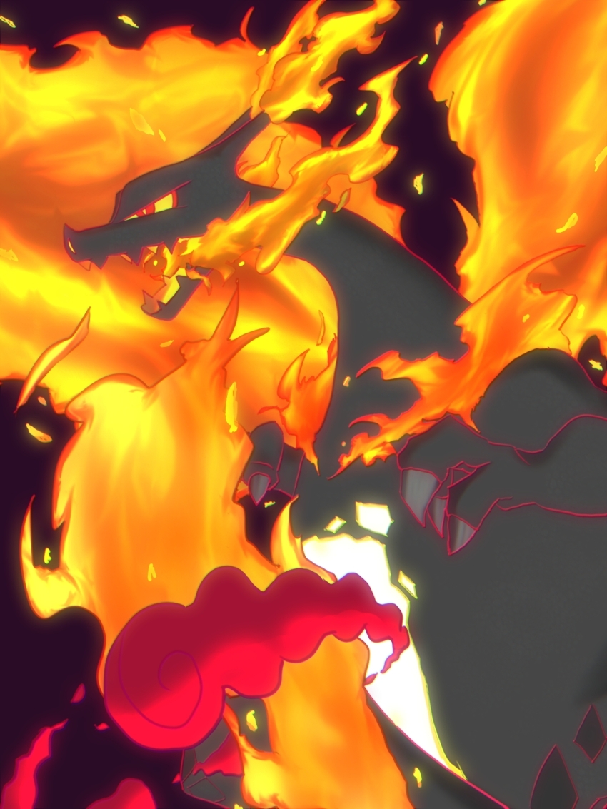 alternate_color animal_focus black_background breath_weapon breathing_fire charizard claws colored_sclera dragon fiery_wings fire from_side gen_1_pokemon gigantamax gigantamax_charizard herari highres nintendo no_humans open_mouth pokemon pokemon_(creature) profile red_eyes sharp_teeth shiny_pokemon smoke solo standing teeth wings yellow_pupils yellow_sclera