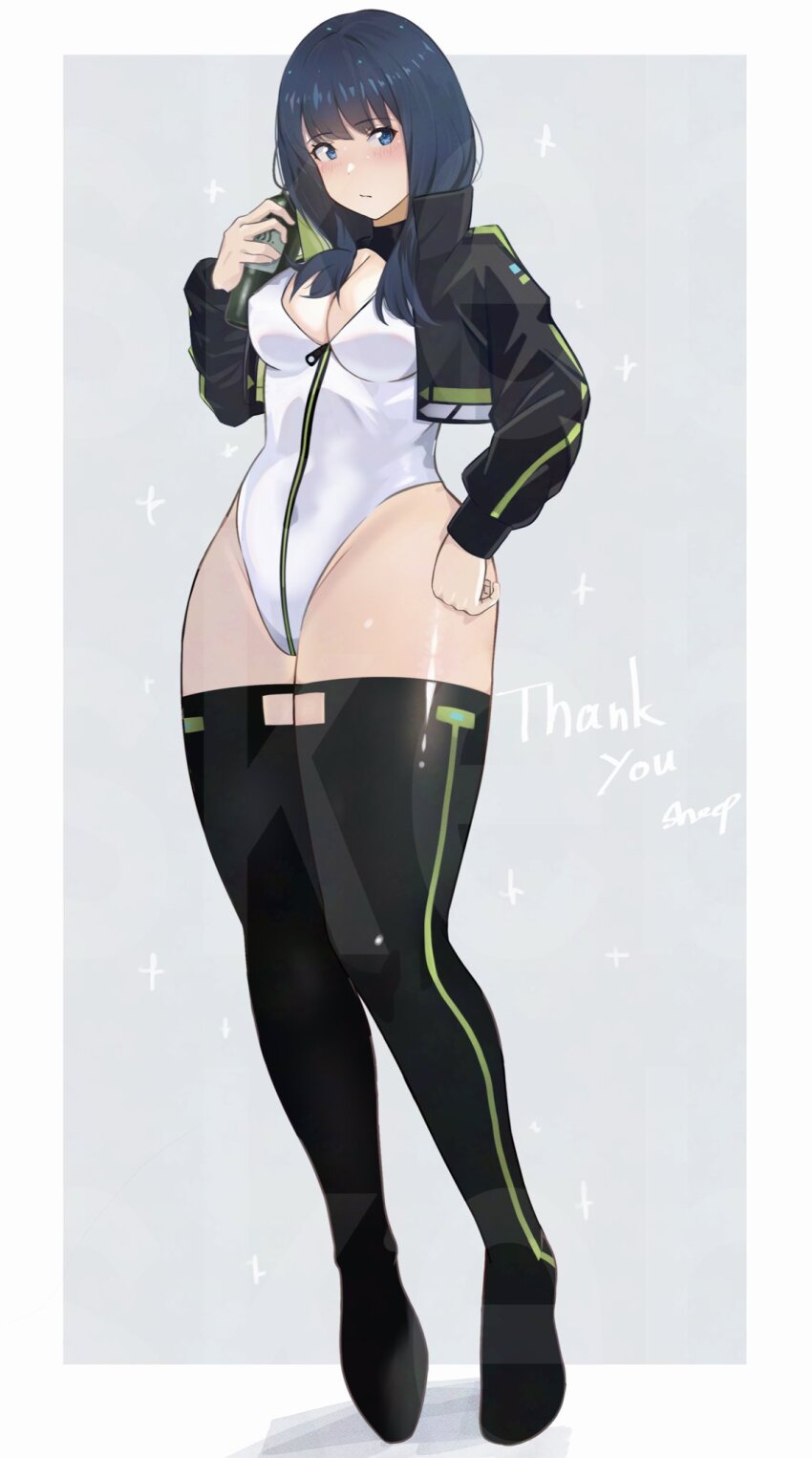 1girl alice_gear_aegis black_hair black_jacket black_thighhighs blue_eyes border breasts circle_cutout cleavage_cutout clothing_cutout commentary_request commission companion/af covered_collarbone front_zipper full-length_zipper full_body grey_background gridman_universe heattech_leotard highleg highleg_leotard highres jacket leotard long_hair medium_breasts multicolored_leotard outside_border race_queen shee-p_(inemurisheep113) skeb_commission sleeveless_turtleneck_leotard solo ssss.gridman standing takarada_rikka thick_thighs thighhighs thighs turtleneck two-tone_background two-tone_leotard white_border white_leotard zipper zipper_leotard zipper_pull_tab