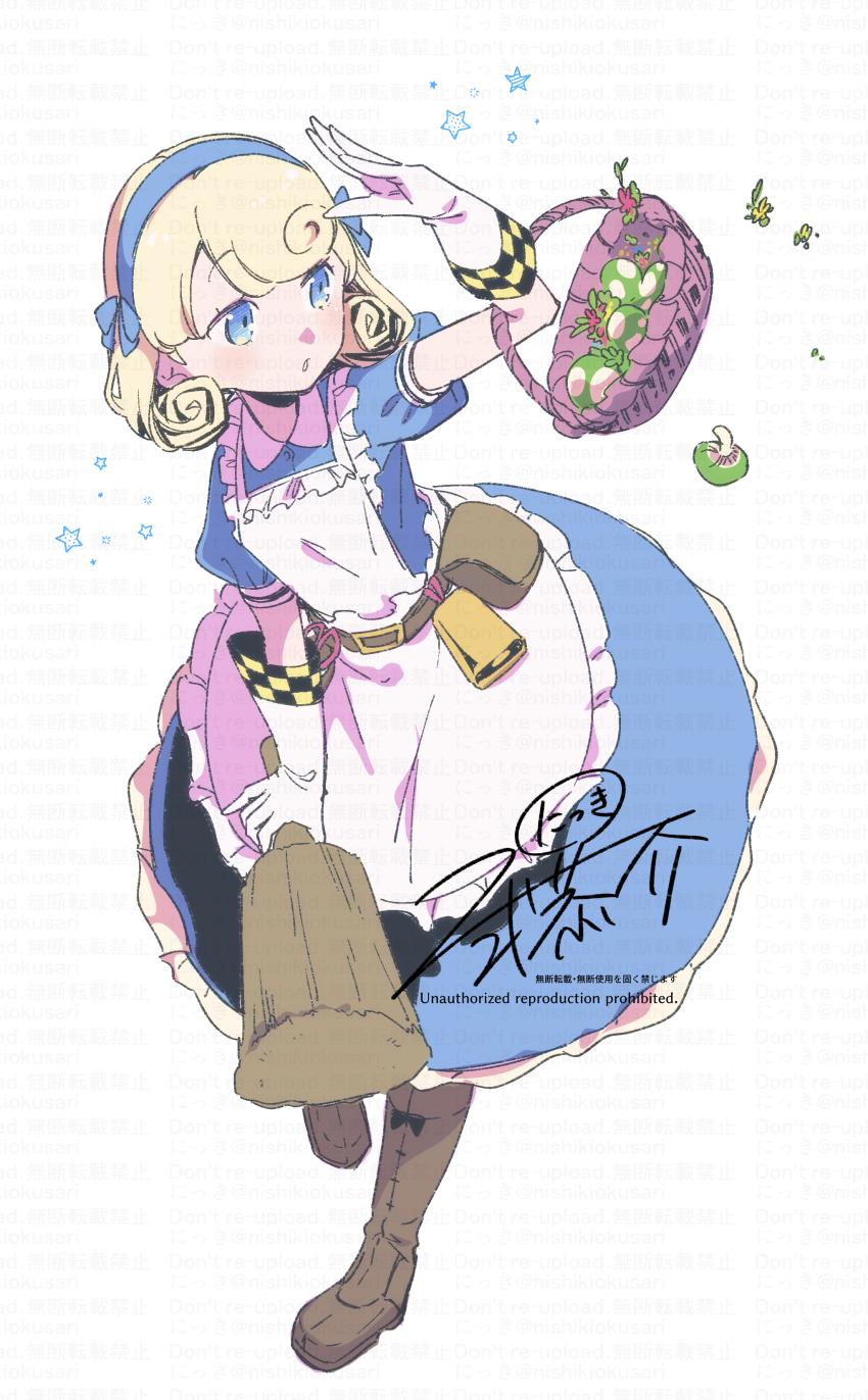 1girl absurdres apron basket bell belt_pouch blonde_hair blue_dress blue_eyes boots brown_boots club_(weapon) cowbell curly_hair dress etrian_odyssey farmer_(sekaiju) farmer_4_(sekaiju) flower_basket full_body gloves highres holding holding_club holding_weapon leaning_forward looking_to_the_side medium_dress mushroom nikki_kyousuke pouch puffy_short_sleeves puffy_sleeves scissors sekaiju_no_meikyuu sekaiju_no_meikyuu_3 shading_eyes short_sleeves solo star_(symbol) tool_belt weapon white_apron white_gloves