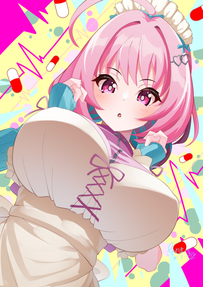 1girl absurdres ahoge apron blue_background breasts bright_pupils dot_nose hair_intakes hair_ornament hands_up heart heart_hair_ornament highres idolmaster idolmaster_cinderella_girls large_breasts long_sleeves looking_at_viewer medium_hair parted_lips pill_background pink_background pink_eyes pink_hair satoyama_meu signature sleeves_past_wrists solo upper_body white_apron white_pupils yellow_background yumemi_riamu