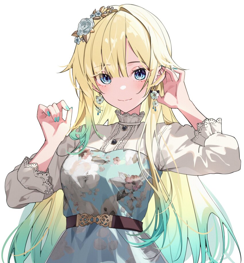 1girl absurdres aizawa_ema aizawa_ema_(3rd_costume) amopui aqua_dress aqua_eyes aqua_hair belt blonde_hair blunt_bangs buttons center_frills dress earrings eyelashes floral_print flower flower_earrings frills gradient_hair green_nails hair_flaps hair_flower hair_intakes hair_ornament hashtag-only_commentary high_belt high_collar highres jewelry lace-trimmed_collar lace_trim layered_dress light_blush light_smile long_hair looking_at_viewer multicolored_hair nail_polish official_alternate_costume simple_background solo three-quarter_sleeves tucking_hair upper_body virtual_youtuber vspo! white_background