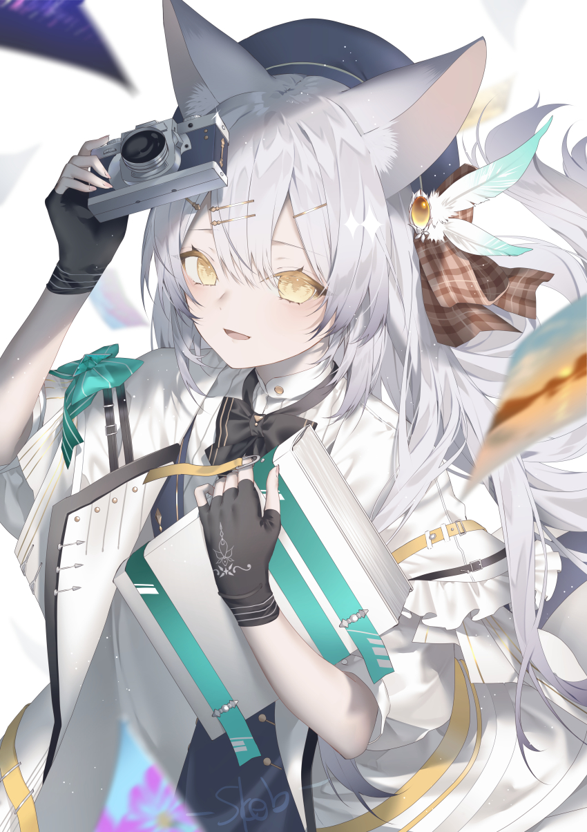 1girl :d absurdres animal_ear_fluff animal_ears arm_up beret black_bow black_bowtie black_gloves black_hat bow bowtie camera cat_ears commission fingerless_gloves gloves grey_hair hair_between_eyes hair_ornament hairclip hand_up hat highres holding holding_camera jacket kotarou_(kot_mochi) long_hair looking_at_viewer open_mouth original photo_(object) shirt skeb_commission smile solo tail upper_body white_background white_jacket white_shirt yellow_eyes
