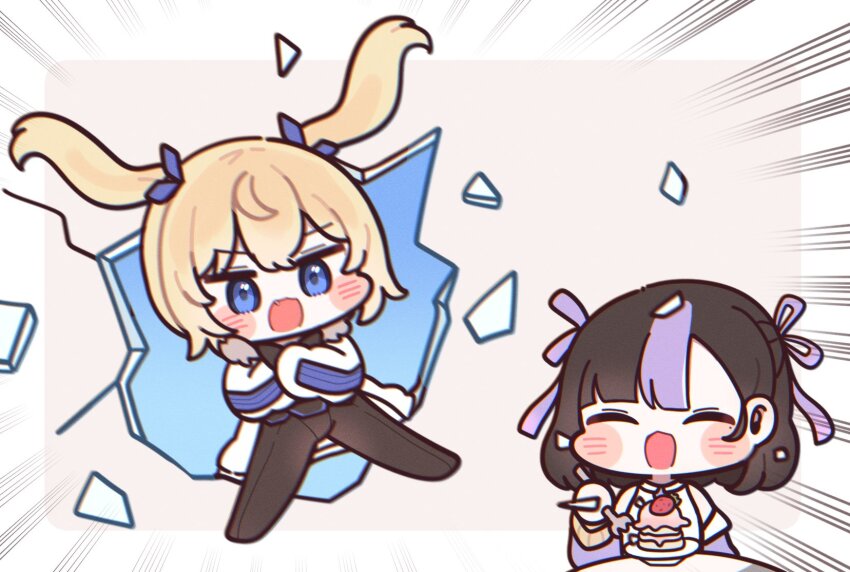 2girls black_hair blonde_hair breaking_through_window cake coat crossed_arms food fork fruit glass_shards goddess_of_victory:_nikke hair_ribbon highres jumping laplace_(nikke) mming_(mmingis18) multicolored_hair multiple_girls purple_hair ribbon strawberry syuen_(nikke) twintails two-tone_hair white_coat