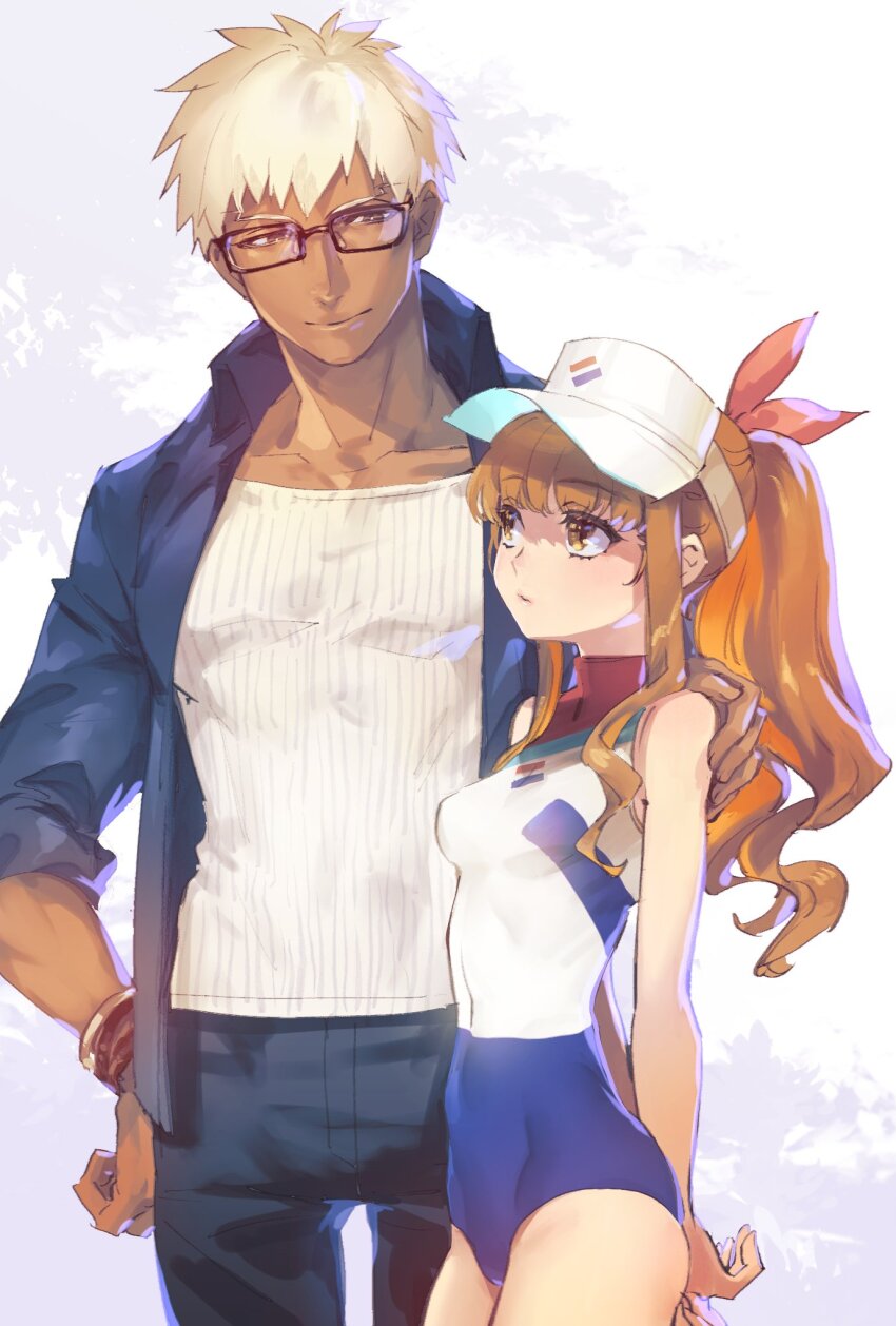 1boy 1girl archer_(fate) archer_(summer_casual)_(fate) arms_behind_back bare_shoulders blue_one-piece_swimsuit blue_pants blue_shirt bow bracelet breasts brown_eyes brown_hair dark-skinned_male dark_skin fate/extra fate/grand_order fate_(series) glasses hair_bow hand_on_another&#039;s_shoulder hat highres jewelry kin_mokusei kishinami_hakuno_(female) light_smile long_hair looking_at_another multicolored_swimsuit one-piece_swimsuit open_clothes open_shirt pants ponytail shirt skin_tight sleeves_rolled_up small_breasts swimsuit white_hair white_one-piece_swimsuit white_singlet